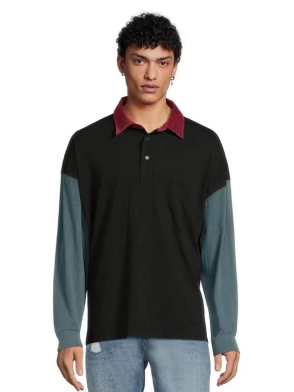 No Boundaries Men's Color-block Polo Shirt Black Long Sleeve Size 3X NWT